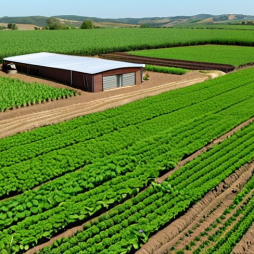 Home 4 A thriving organic farm with lush green crops, showcasing modern organic farming techniques like drone monitoring and sensor usage. Focus on healthy plants, fertile soil, and a clear sky in the background.