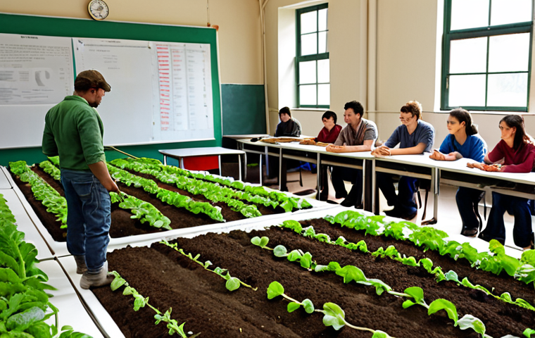 **Organic Farm Certification Course:** A classroom setting with students learning about organic farming principles. Include visuals of natural pest control methods, healthy soil practices, and government scheme application processes. The scene should convey the idea of gaining knowledge and skills for organic farming.
