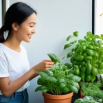 유기농업 실무 경험을 쌓는 법 - **Urban Balcony Oasis: A Young Woman Tending Her Organic Garden**
    A vibrant, sunlit balcony gard...