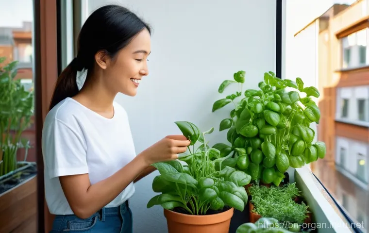 유기농업 실무 경험을 쌓는 법 - **Urban Balcony Oasis: A Young Woman Tending Her Organic Garden**
    A vibrant, sunlit balcony gard...