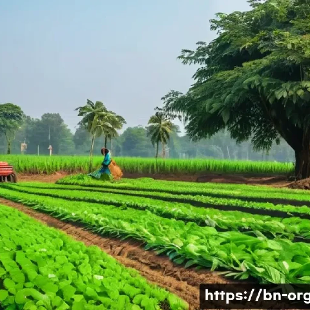 유기농업 실무 기술 교육 - A vibrant organic farm scene in rural Bengal, showcasing healthy green crops planted with proper spa...