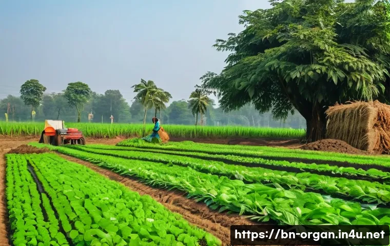 유기농업 실무 기술 교육 - A vibrant organic farm scene in rural Bengal, showcasing healthy green crops planted with proper spa...