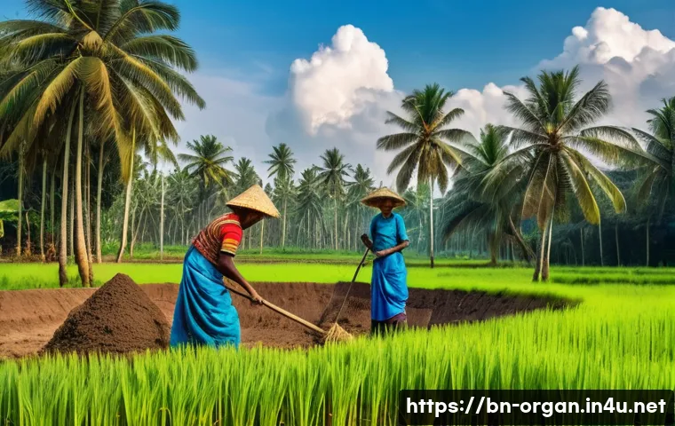 유기농업 이론 및 실기 공부법 - A vibrant organic farm scene in rural Bengal featuring a farmer preparing soil using natural compost...