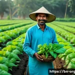 유기농업 전문가 직무 내용 - A vibrant organic farm scene in rural Bangladesh, showcasing a farmer tending to a lush vegetable ga...