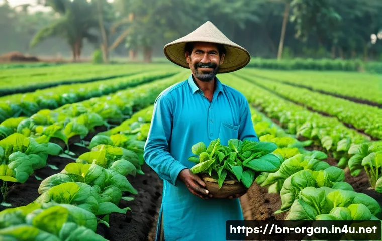 유기농업 전문가 직무 내용 - A vibrant organic farm scene in rural Bangladesh, showcasing a farmer tending to a lush vegetable ga...