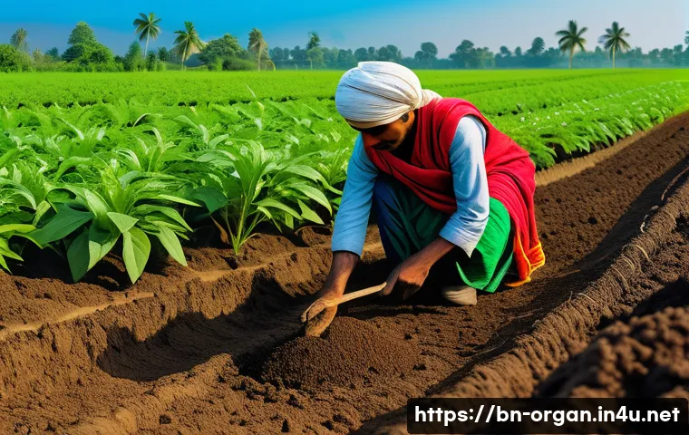 유기농업 자격증 취득 후 경로 - A vibrant rural Bangladeshi organic farm scene during daylight, showcasing a farmer in traditional B...