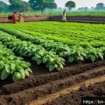 유기농업 연봉 상승을 위한 전략 - A detailed scene of a vibrant organic farm soil preparation process in rural Bengal, showing rich da...