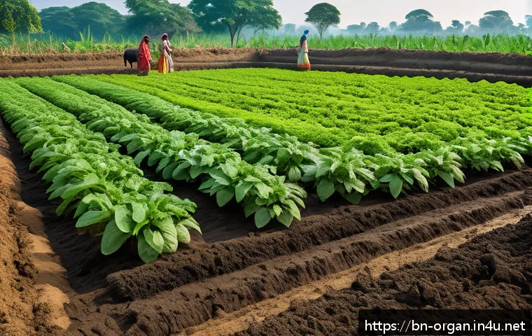유기농업 연봉 상승을 위한 전략 - A detailed scene of a vibrant organic farm soil preparation process in rural Bengal, showing rich da...