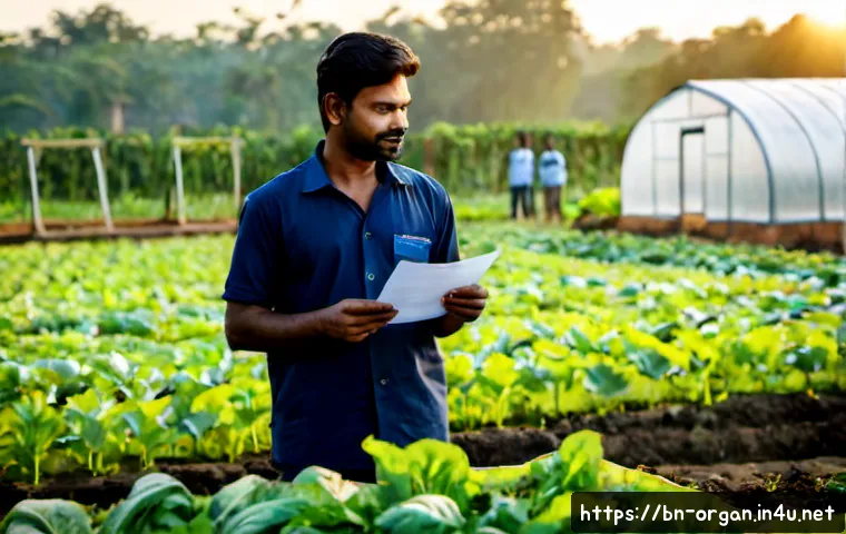유기농업 자격증 취득 후 장점 - Photorealistic organic farm professional standing confidently in a lush vegetable field at sunrise, ...