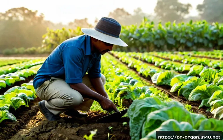 Home 17 유기농업 자격 취득 후 직무 - Photorealistic organic farm inspector examining healthy vegetable rows in a sunlit South Asian field...